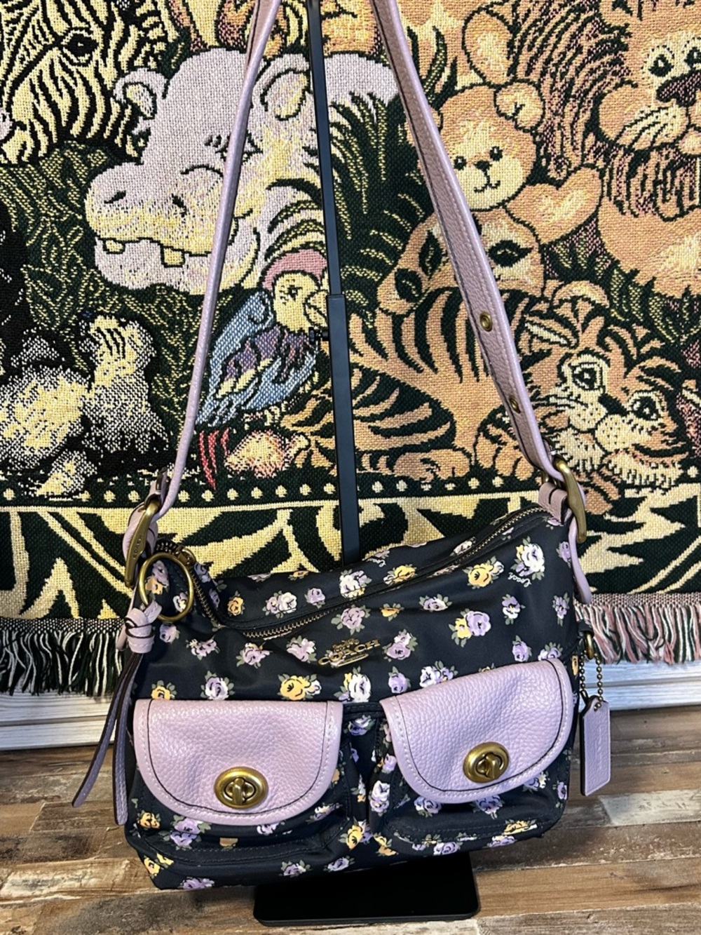 Coach Black Floral Shoulder Bag with Lavender Trim